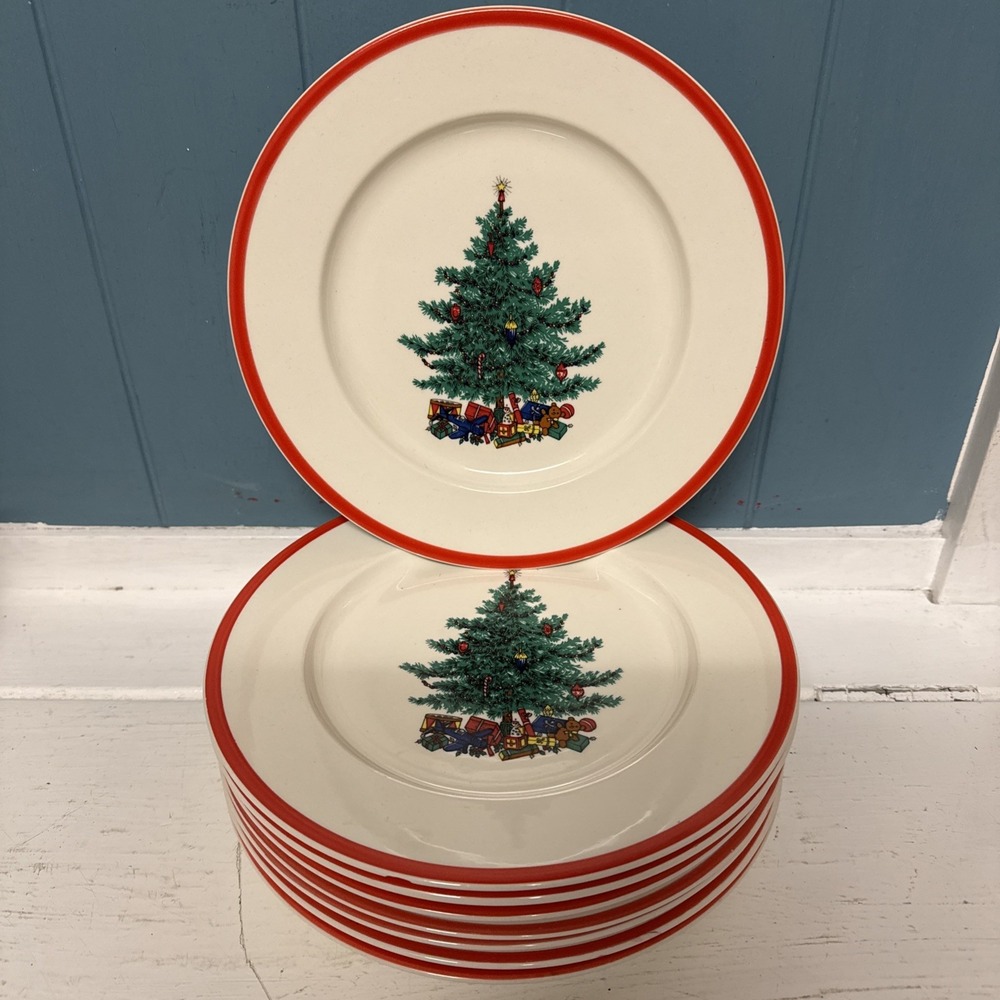8 Holly & Spruce Salad Plates Taylor Smith Taylor Christmas Tree Red Rim 8" USA
